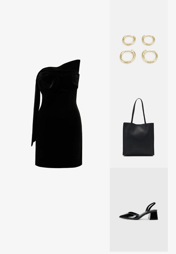 Forever New MAIA BOW MINI - Vestido de cocktail / Vestido de festa - black; Sandy em verniz preto com salto slingback, ponta afilada e salto geométrico. Apresenta um design elegante e minimalista com textura suave.; Bolsa tote preta em couro com textura lisa, forma retangular e duas alças longas. Sem hardware ou enfeites visíveis.; Brincos em ouro, quatro peças, acabamento liso, design arredondado, tamanhos variados, com fecho articulado para fácil uso.