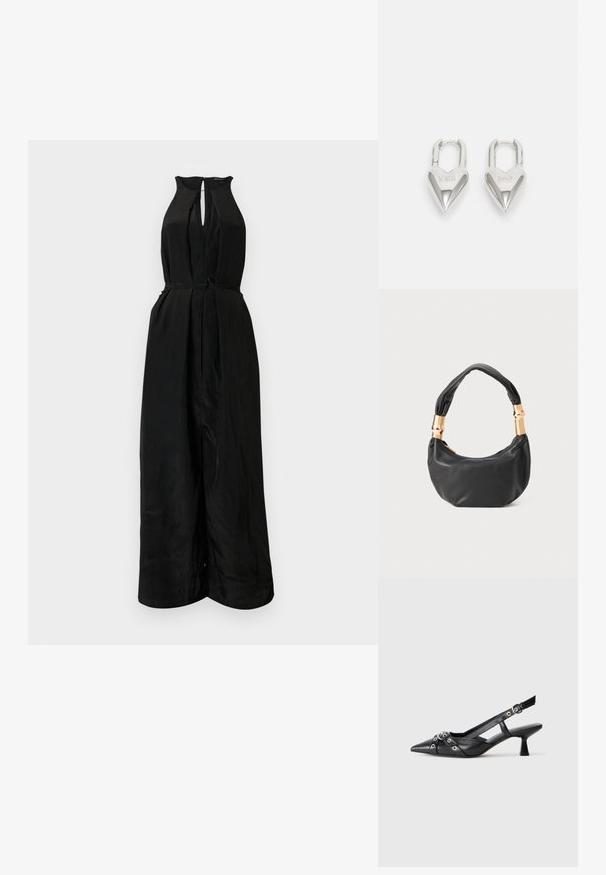 Črn kombinezon z halterskim vratom, odprtjem na sprednji strani in prilegajočim pasom. Narejen iz gladkega, rahlo teksturiranega materiala, ima zavezni pas.; Črne usnjene sandale središnje zaponke z ostro konico, okrasnimi trakovi z kovinskimi očesi in nizko blokasto peto. Teksturirana površina.; Črna usnjena torbica okrogle oblike, mehke teksture, z vozlanim ročajem in zlatimi kovinskimi dodatki. Zadrga za zapiranje.; Srebrni ključavnice v obliki srca z vgraviranima besedama "DA" in "NE", s poliranim zaključkom, simetričnim dizajnom in robustnim kovinskim nosilcem.