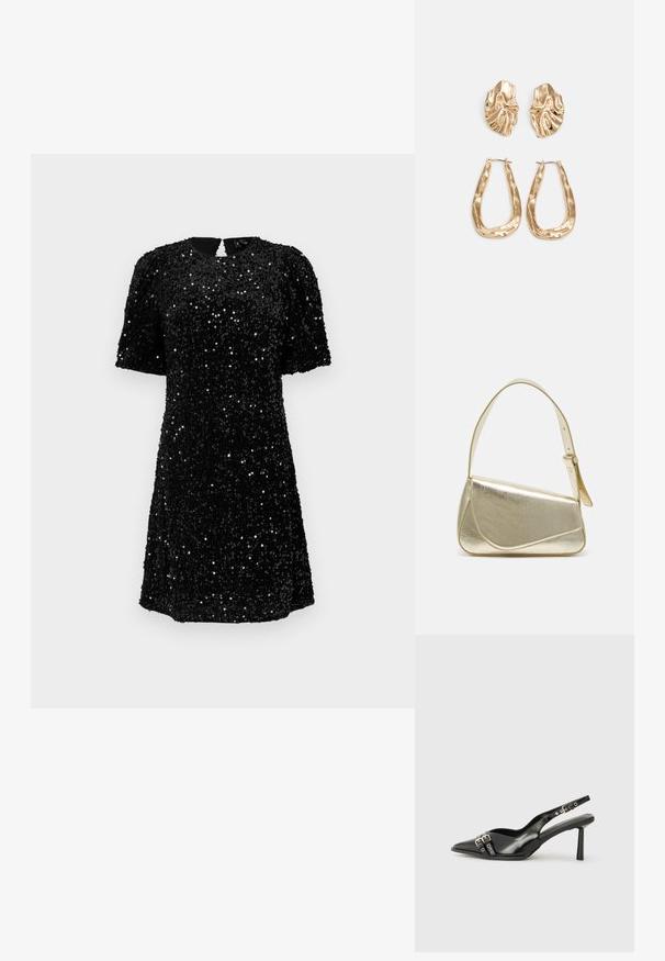 Vestido preto de mangas curtas, coberto de lantejoulas, com decote redondo e fecho em lágrima nas costas. Silhueta em A com uma superfície texturizada.; Sapato slingback preto em pele patentada com bico apontado, tiras no tornozelo apresentando fivelas e acessórios prateados, e um salto elegante.; Bolsa de mão metálica dourada com um design estruturado, textura suave e alça ajustável. Apresenta uma forma triangular única e costura minimalista.; Brincos em tom de ouro com formas onduladas e texturizadas. Inclui studs escultóricos com presilha e um design de argola aberta com um acabamento martelado.