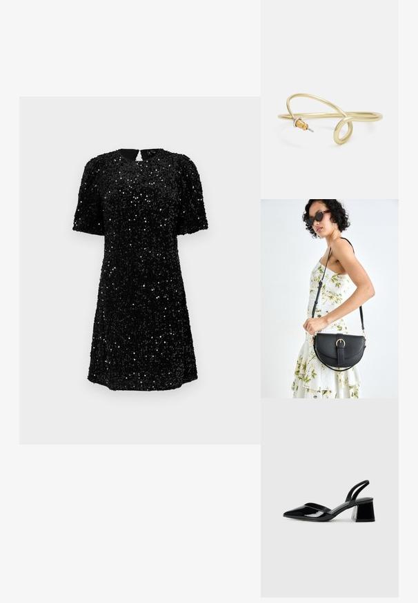 Vestido negro de manga corta, cubierto de lentejuelas, con escote redondo y cierre de ojal en la espalda. Silueta en A con una superficie texturizada.; Zapatos de tacón slingback de charol negro con punta afilada y tacón geométrico en bloque. Presentan un diseño elegante y minimalista, así como una textura suave.; Bolso de piel negra con forma curva, correa desmontable y herrajes dorados. El bolso cuenta con una solapa con un detalle de hebilla.; Pulsera de metal color oro con un diseño fluido y curvado. Presenta un pequeño acento plateado prominente en un extremo.