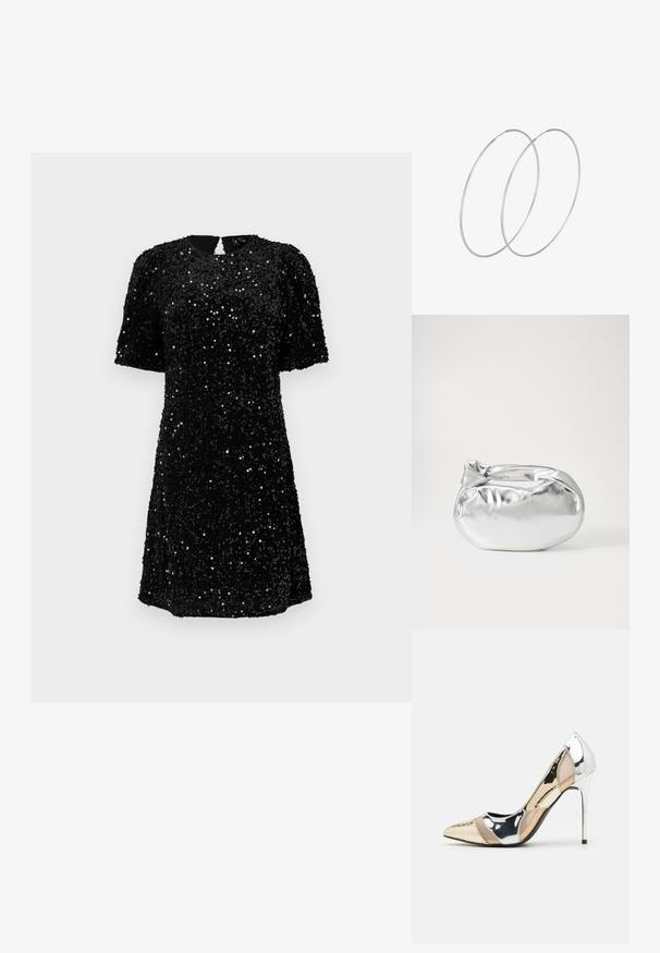 Melnas īsām piedurknēm kleita, noklāta ar paildēm, ar apļveida dekoltē un atslēgas caurumu aizmugurē. A-līnijas siluets ar teksturētu virsmu.; Apspīlēta augstpapēžu kurpe ar zeltītu, sudrabi un neitrālu krāsu kombināciju. Spīguļojoša virsma ar izgriezuma dizainu, aprīkota ar stiletto papēdi.; Sudraba metāliska poga somiņa ar mīkstu, noapaļotu formu un mezgla augšējo aizdari. Izgatavota no gludas mākslīgās ādas materiāla.; Sudraba gredzenveida auskari ar minimālistisku dizainu. Cirkulāra forma, gluda tekstūra un plāns profils. Vieglu svaru ar spīdīgu apdari.