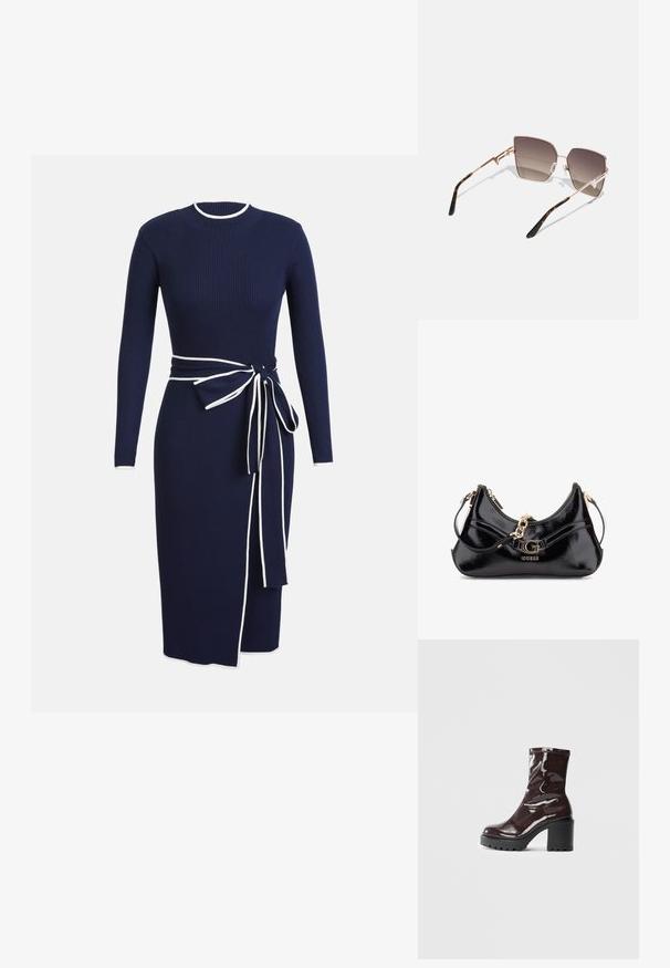 Laivaston sininen ribbineulemekko pitkähihaisilla, pyöreällä pääntiellä ja valkoisilla yksityiskohdilla. Mekossa on vyötä ympärillä sidottuna ja sivussa halkio yksityiskohtana.; Satea bordeaux berwarna mengkilap dengan tumit hitam tebal, menampilkan tekstur halus dan desain sederhana. Tanpa pengikat atau pola yang terlihat.; Aurinkolasit, joissa on ruusukultainen metallikehys, kulmapäiset linssit, jotka vaihtelevat tummasta vaaleaan ruskeaan, ja päissä kilpikonnakuosiset osat.; Musta nahkalaukku, jossa on kaareva muotoilu, kultaiset koristeet ja silmiinpistävä logo. Mukana irrotettava olkahihna.