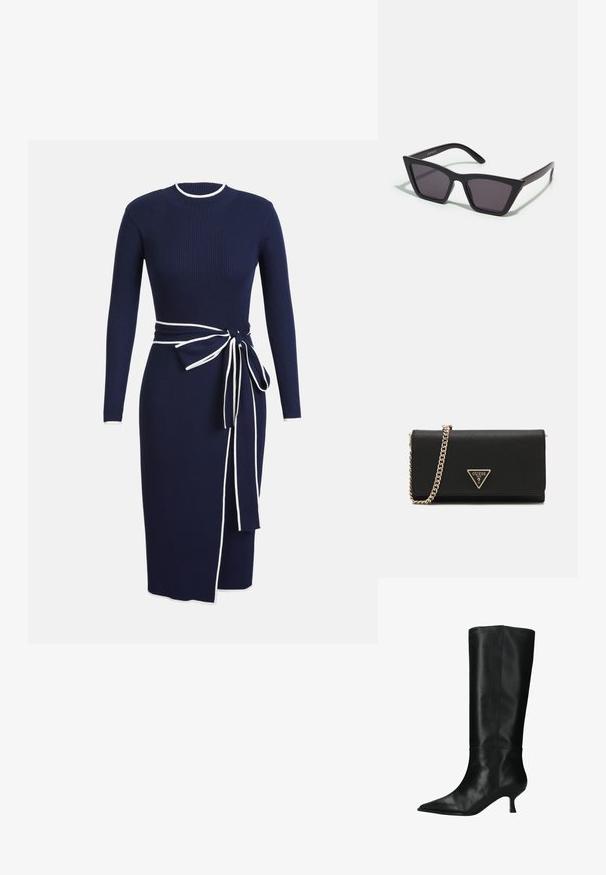 Robe en tricot côtelé bleu marine avec des manches longues, un col rond et des finitions blanches. Dotée d'une ceinture nouée à la taille et d'une fente sur le côté pour le détail.; sacha MIT KITTEN HEEL - Bottes - black; Lunettes noires angulaires avec des verres gris ; fabriquées en plastique, avec des branches épaisses à la surface lisse et sans matériel visible.; Sac de crossbody noir avec une surface texturée, arborant une sangle en chaîne dorée et une plaque logo triangulaire dorée à l'avant.; Bracelet en or mince et poli, de forme ronde et lisse, avec un branding subtil. Possède un design sans couture et une esthétique minimaliste.