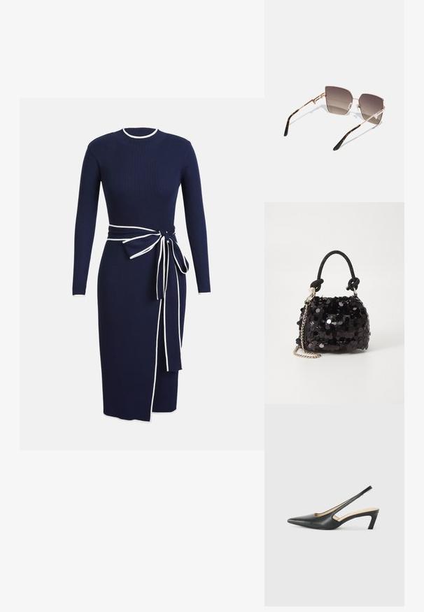 Morsko modra pletena obleka z dolgimi rokavi, okroglo ovratnikom in belim robom. Ima zavezano pasu in stranskega razporka za poudarek.; Črne čevlje s koničastimi nosovi in slingback obliko z nizko peto, izdelane iz gladke usnjene materiale ter s črtasto zasnovo na strani za prezračevanje.; Sončna očala z okvirjem v rožnato zlatem kovinskem tonu, angularnimi lečami, ki prehajajo od temno rjave do svetlo rjave, ter vzorcem želvovine na ušesnih delih.; Črna mini torbica s palčkami iz bleščic, z vozlanim teksturiranim trakom in srebrnima verigama. Okrogla oblika z nabranim vrhom in odsevnimi detajli.