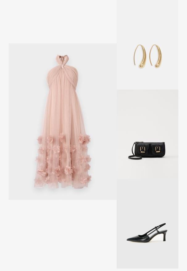Suknelė su draperija ir laikikliu kaklui, pagaminta iš minkšto rožinio tiulio, su sluoksniuojamais gėlių aplikacijomis ant apatinio krašto, sukurianti subtilų, tekstūruotą vaizdą.; Juodai lakuoti slingback aukštakulniai su smailiu nosiu, su tekstūruotu gyvatės raštu, reguliuojama juosta ir trumpu, tekstūruotu blokiniu kulnu.; Juodas odinis per petį nešiojamas krepšys su dviem priekiniais kišenėmis, auksiniais sagtimis, užtrauktuko uždarymu ir siauromis petnešomis. Textūruota paviršius ir kompaktiškas stačiakampis formatas.; Auksinės metalinės auskarų kabės su lenktą, pailgą forma. Turi lygų, blizgantį paviršių ir užapvalintą galiuką papildomam akcentui.
