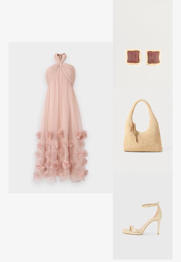 Paltra haltera kleita maigi rozā tulle ar vairāku slāņu ziedu aplikācijām ap apakšmalu, radot delikātu, teksturētu izskatu.; Zelta metāla augstpapēžu sandales ar atvērtu purngalu, potītes siksniņu ar sprādzi un platformas zoli papildu augstumam. Gluda tekstūra.; Auduma bēšs rokassomu ar izliekto rociņu, strukturētu virsmu un brūna pušķa detaļu. Iespējama vaļīga, hobo forma.; Kvadrātveida stud auskari ar dziļu burgundijas centru, ko ieskauj zeltainas teksturētas malas. Gluda virsma ar noapaļotām malām.