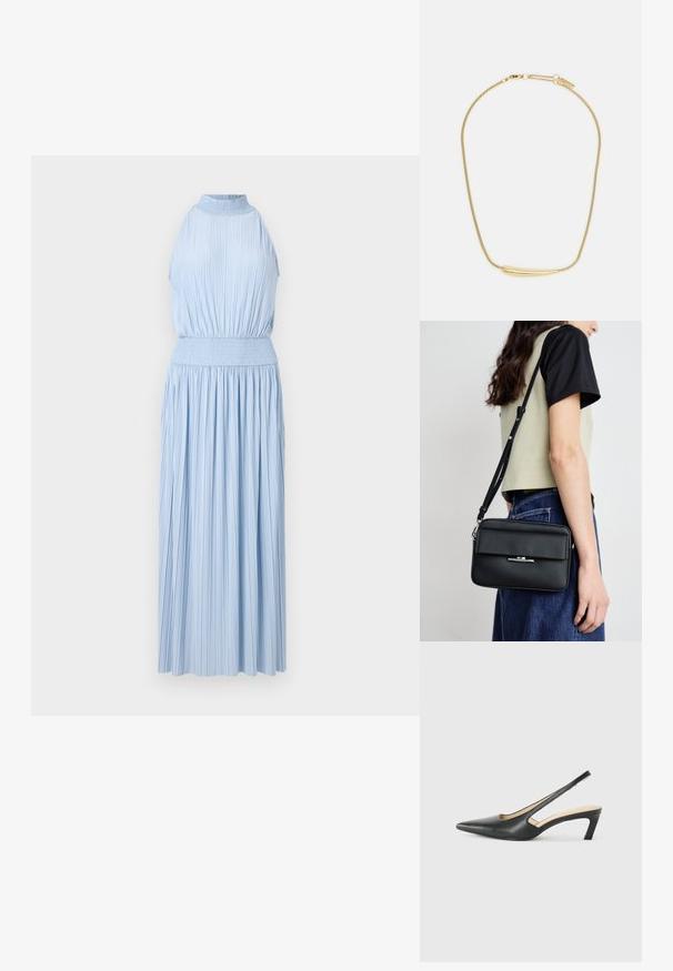 Rochie midi fără mâneci, de culoare albastră deschisă, cu textură plisată și talie elastică. Designul include un decolteu înalt și o fustă vaporoasă.; Pantof cu toc mic, cu vârf ascuțit și slingback, realizat din piele netedă, având un design decupat pe lateral pentru respirabilitate.; Calvin Klein LINEAR CAMERA BAG - Geantă crossbody - black; Colier placat cu aur, cu un accent central neted și curbat. Dispune de o chaină flexibilă cu un închizător tip homar și link-uri suplimentare ajustabile.