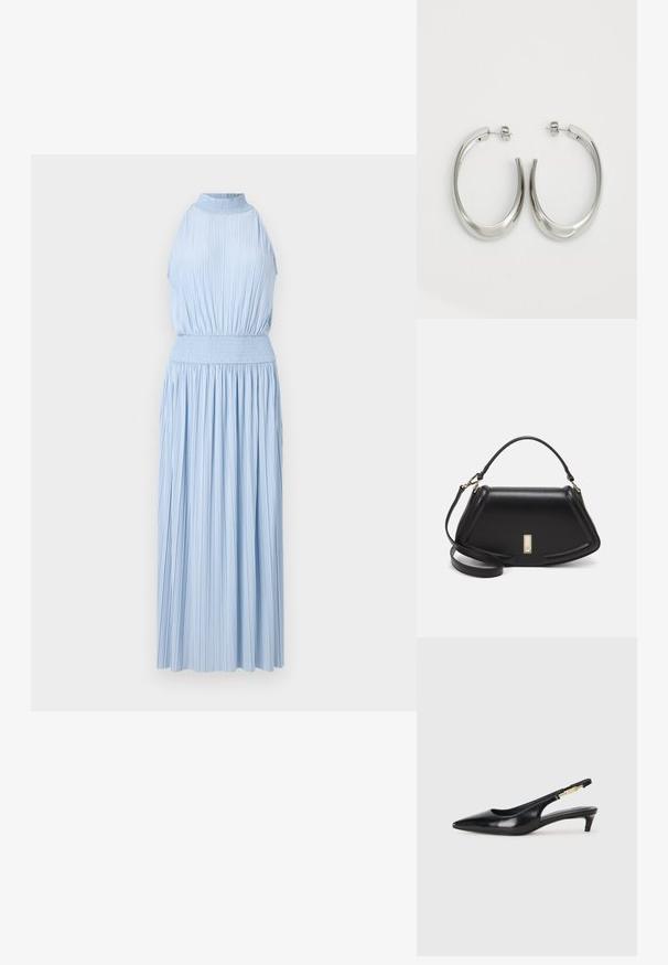 Light blue, sleeveless midi dress with pleated texture and a smocked waist. The design features a high neckline and flowing skirt.; Black leather slingback heels with a pointed toe, featuring a slim heel and a gold-tone accent on the adjustable strap. Smooth texture.; Black leather handbag with a structured design, featuring a cropped shape, top handle, and gold hardware accent. Adjustable shoulder strap included.; Silver hoop earrings with a smooth, curved design. Features a shiny metallic finish and stud closure. No visible patterns or accents.