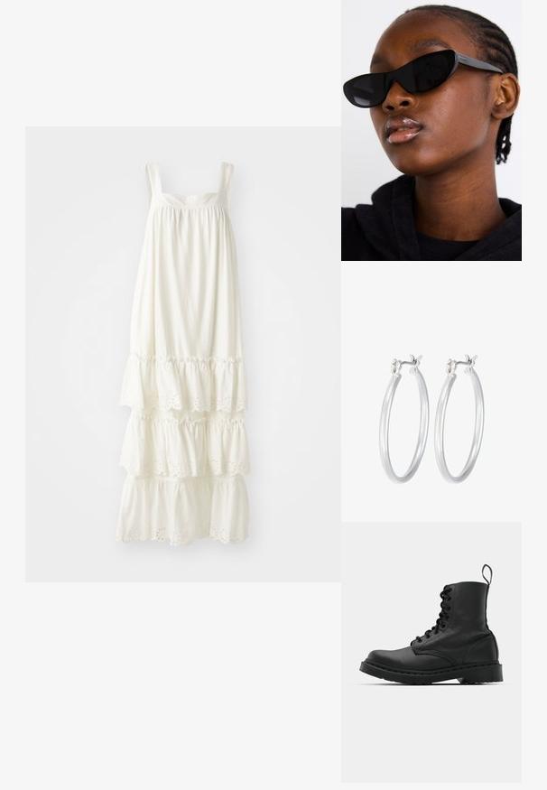 Balta sundress ar divām plecu jostām, ar daudzslāņu volāniem ap apakšmalu un acs detaļām. Izgatavota no viegla auduma.; Melnas ādas kaujas zābaki ar apaļu purngalu, auklām priekšā un cilpu potītes daļā. Iespējojums ir biezs gumijas zolei, kas nodrošina izturību.; Melnas kaķa acs saulesbrilles ar matētu apdari, kas izceļas ar elegantu dizainu un maigi izliektiem stūriem, fona attēlā ir modelis ar tumšām drēbēm.; Sudraba riņķveida auss gredzeni ar gludu, pulētu apdari. Apaļa forma un drošs klikšķa augšējais slēgums. Viegls dizains, kas piemērots ikdienas valkāšanai.