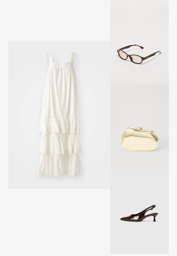Bijela ljetna haljina s dva remena na ramenima, s višeslojnim volanima na rubu i detaljima od iličnog čipkastog uzorka. Izrađena od lagane tkanine.; Smeđe patentne kožne cipele s otvorenom petom, špicastim vrhom i umjerenom petom. Imaju remen s kopčom za sigurno pristajanje. Glatka tekstura.; Naocale u obliku sunca s kornjačevinom i okruglim oblikom, laganim lećama. Imaju čvrste ručke s malim zlatnim detaljima, izrađene od plastičnog materijala.; Metalni zlatni clutch s glatkim, zaobljenim oblikom, s gornjim kopčom na dugme i malim lancem za nošenje.