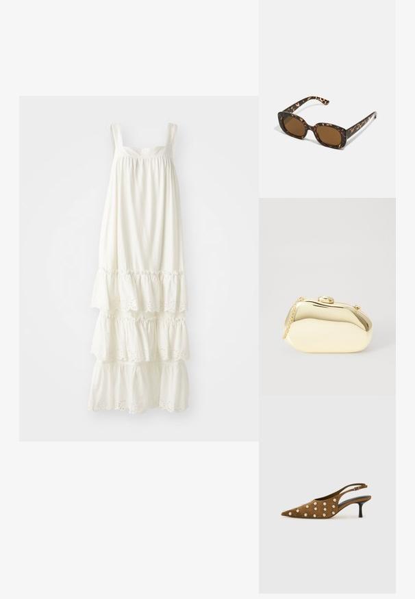 Rochie albă de vară cu două bretele, având volane în straturi la tiv și detalii cu ochiuri. Fabricată dintr-un material ușor.; Pantofii cu toc kitten din suede maro, cu vârful ascuțit și tinte rotunde argintii pe partea superioară și pe laterale, pe un fundal alb simplu.; Ochelari de soare cu chelă de broască țestoasă, având un cadru rotund și voluminos, cu lentile maro. Prezintă modele subtile și brațe drepte, conice.; Clutch metalizat de culoare aurie, cu o formă netedă și rotundă, având un închizător tip buton în partea de sus și o curea mică pentru purtare.