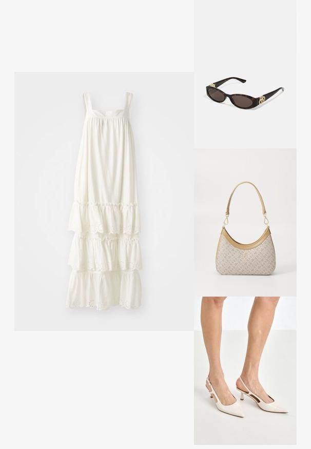 Weißes Sommerkleid mit zwei Schultergurten, das am Saum überlagert ist und mit Lochstickereien verziert ist. Hergestellt aus leichtem Stoff.; Beige Lackleder Slingback-Absätze mit spitzem Fuß und 5 cm Absatz, mit ausgeschnittenen Seiten und einem schmalen Knöchelriemen.; Schildpatt-Sonnenbrille mit länglich-ovalen Gläsern, braunem Farbton, goldenen Logo-Akzenten an den Bügeln und schlanken schwarzen Bügeln.; Beige gemusterte Handtasche mit geschwungener Form, Lederakzenten und einem goldfarbenen Logo auf der Vorderseite. Verfügt über einen kurzen Griff für einfaches Tragen.