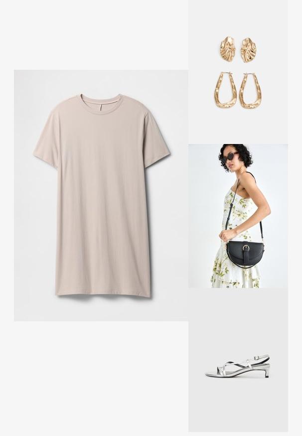 Gaiši bēša T-krekla kleita no mīksta, gluda auduma. Tai ir īsas piedurknes un apaļa kakla izgriezums, ar vaļēju, brīvu piegriezumu.; Sudraba metāliska slēgta papēža sandale ar zemu papēdi, kurai ir krustveida siksnas un gluda virsma. Minimalistisks dizains.; Melnas ādas rokassoma ar izliekta formu, noņemamu siksnu un zelta aksesuāriem. Somai ir vāciņš ar sprādzes detaļu.; Zelta krāsas auskari ar teksturētām, viļņotām formām. Iekļauts skulpturāls piespraužams modelis un atvērta gredzenveida konstrukcija ar izsistām virsmām.