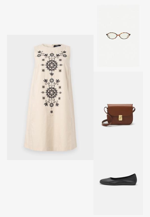 Cream-colored sleeveless dress featuring intricate black embroidery with floral and geometric patterns down the center and side slits.; Black leather ballet flat with a rounded toe, smooth texture, minimal stitching detail, and a flexible sole design.; Tortoiseshell eyeglasses with oval lenses and a sleek, smooth finish. Features thin sides with a subtle curve at the temples. Clear lenses.; Brown leather handbag with a flap closure, gold-tone hardware, a shoulder strap, and a smooth texture. Compact rectangular shape.