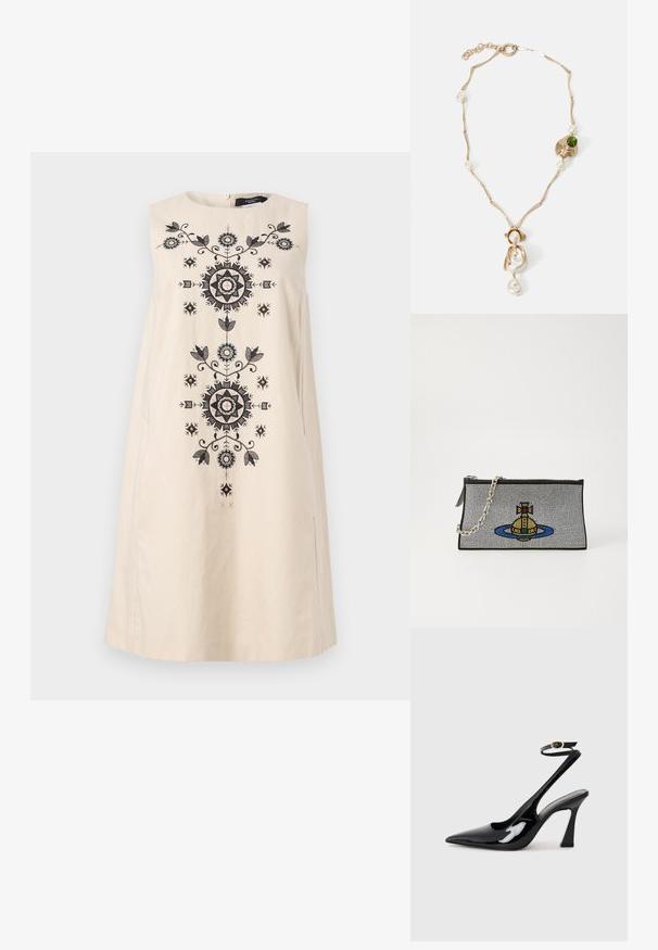 Krémové bezrukávové šaty s jemným černým vyšíváním s květinovými a geometrickými vzory ve středu a bočními rozparky.; Černé lakované kožené lodičky na pásku s špičatou špičkou, nastavitelným páskem kolem kotníku a mírným blokovým podpatkem. Hladký povrch s lesklým finišem.; Černá kabelka na spojení se stříbrným řetízkem, zdobená barevným korálkovým vzorem žluté ponorky obklopené modrým kruhem.; Zlatý náhrdelník s propletenými články, bílými perlami a akcentem zeleného kamene. Obsahuje složité detaily a zapínání.