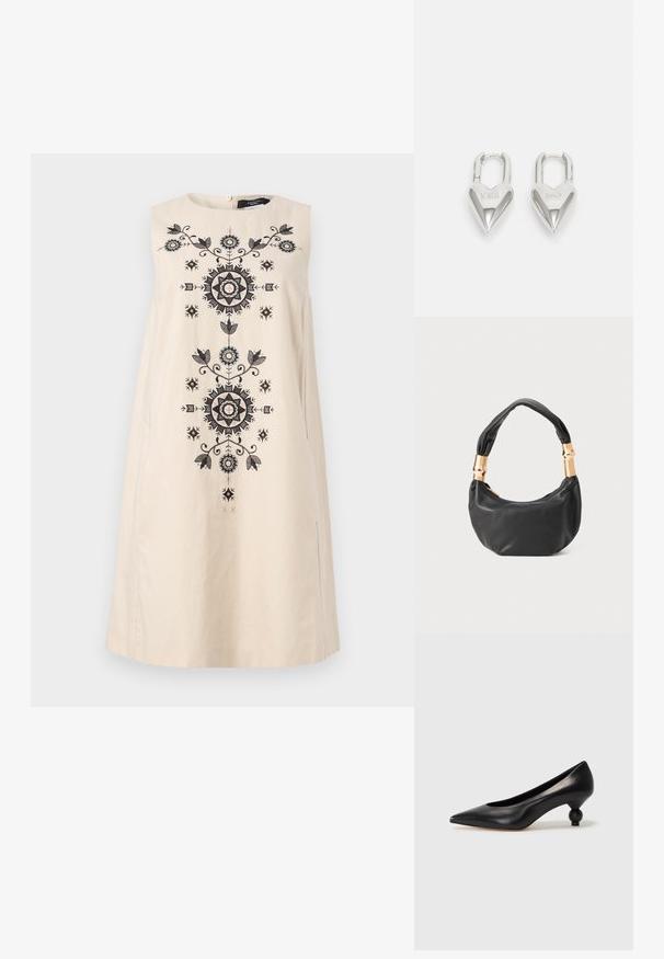 Abito senza maniche di colore crema con sofisticati ricami neri caratterizzati da motivi floreali e geometrico lungo il centro e con spacchi laterali.; Scarpa con tacco alto in pelle nera, con punta affilata e tacco arrotondato e bombato. Texture liscia con un design elegante e minimalista.; Borsa a tracolla in pelle nera con una forma rotonda, texture morbida e manico annodato con dettagli in metallo dorato. Chiusura con zip.; Lucchetti a forma di cuore in argento con incisioni "SÌ" e "NO", finitura lucida, design simmetrico e un robusto gancio in metallo.