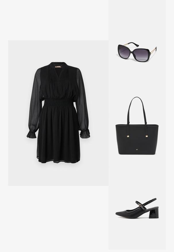 Rochie neagră cu mâneci lungi, transparente, decolteu pliat, talie creponată și fustă evazată. Materialul are un aspect ușor și texturat.; Cizme cu toc slingback din piele sintetică lacuită neagră, cu vârful ascuțit, un design cu decupaj rotunjit și toc bloc. Include un accent cu cataramă de culoare aurie.; Ochelari de soare negri, supradimensionați, cu lentile degradate, rame groase și detalii cu lanț de ton auriu pe brațele templului.; Pungă tote neagră, fabricată din material sintetic, având un design simplu rectangular, accente aurii pătrate și mânere duble.