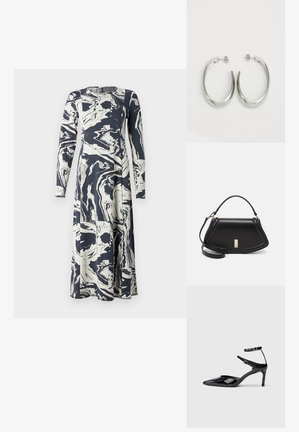 Garais piedurkņu kleita tumši zilā un krēmkrāsas tonī ar marmora rakstu, ar apaļu dekoltē un plūstošu siluetu. Mīksts, elastīgs audums.; Melnas lakuotas ādas apavus ar smailu purngalu, regulējamiem potīšu siksniņām un šahtu papēdi. Gluda tekstūra ar spīdīgu apdari.; Melnas ādas roku soma ar struktūru, ar īsu formu, augšējo rokturi un zelta aksesuāriem. Iekļauta regulējama plecu siksna.; Sudraba riņķveida auskari ar gludu, izliekta dizaina formu. Iezīmējas ar spīdīgu metāla apdari un pievienojamu aizdari. Nav redzamu rakstu vai akcentu.