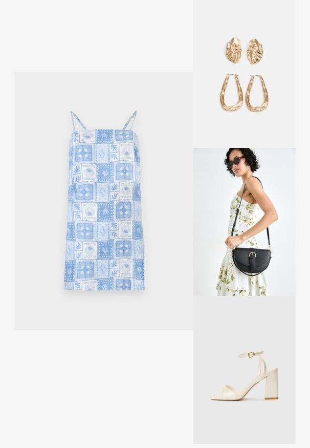 Lyseblå ermeløs kjole med firkantet patchwork-design, med blomster- og skjellmønstre, justerbare skulderstropper og rett hemline.; Kremfargede helte sandaler med åpen tå, tykk blokkheel, tynn ankelstropp og subtil glansfinish. Spenneakcent på stroppen.; Svart lærveske med en buet form, avtagbar stropp og gullbeslag. Vesken har et klaff med spenne-detall.; Gullfargede øredobber med teksturerte, bølgete former. Inkluderer skulpturelle klipsstuds og åpen hoop-design med en hamret finish.