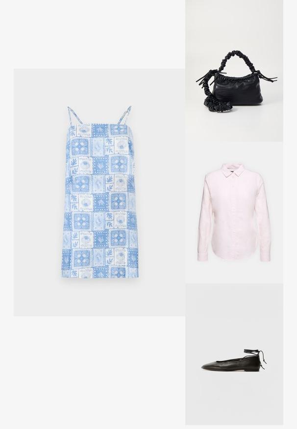 Svetlo modra brezrokavna obleka s kvadratnim patchwork vzorcem, ki vključuje cvetlične in školjkaste motive, nastavljive ramenske trakove in ravno spodnje rob.; Svetlo roza srajca z dolgimi rokavi in gumbasto ovratnikom, ki ima ravno obrobo in mehak občutek, izdelana iz lahkotne bombažne tkanine.; Črne usnjene baletne čevlje s koničastim nosom, vezi okrog gležnja in ravnim podplatom, ki se ponašajo z gladko teksturo in minimalističnim dizajnom.; Črna torbica iz umetnega usnja s krokodilovo teksturo, z zvitim vrhom in zmečkano naramico. Zdi se mehka in kompaktna v oblikovanju.