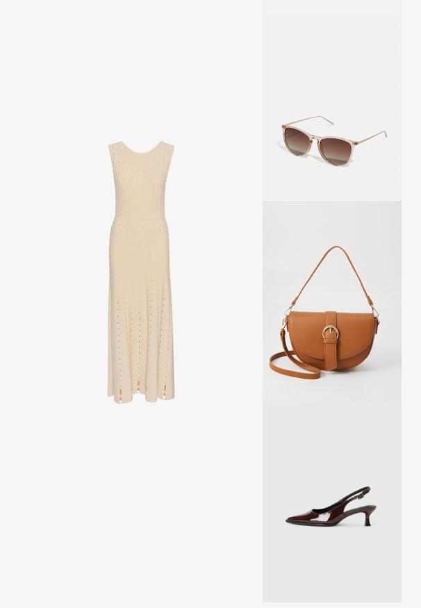 Bez piedurknēm, ceļgala garuma kleita gaiši bežā izgatavota no adīta auduma. Satur strukturālas vertikālas svītras un mazus izgriezumu motīvus visā kleitā.; Brūnas patentētas ādas sprauga kurpes ar norādītu pirkstu un mērenu papēdi. Aprīkotas ar sprādzi, lai nodrošinātu drošu fit. Gluda tekstūra.; Brūna gradienta saulesbrilles ar caurspīdīgu rozā rāmi, kvadrātveida forma un plānas metāla kājas. Iespējamās noapaļotas malas un minimāls dizains.; Brūns ādas plecu soma ar izliekta formu, zelta piederumiem un sprādzes akcentu. Iesaiņota ar noņemamu plecu siksnu.