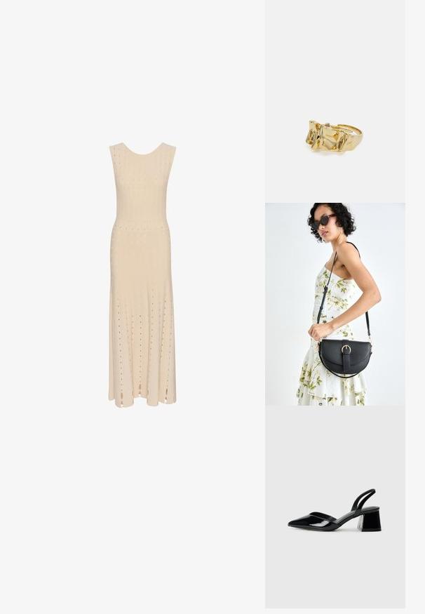 Brezrokavni, obleka do kolen iz svetle bež pletene tkanine. Ima teksturirane vertikalne črte in majhne izreze po celotni površini.; Črne lakirane slingback pete s koničastim nosom in geometrijsko blokasto peto. Imajo eleganten, minimalističen dizajn in gladko teksturo.; Črna usnjena torbica s ukrivljeno obliko, z odstranljivo naramnico in zlatimi dodatki. Torbica ima pokrov s podrobnostmi v obliki zaponke.; Zlati prstan z teksturiranim, valovitim dizajnom, ki ima tri izrazite vrhove. Gladka, sijoča površina z odprtim pasom za prilagodljivo prileganje.
