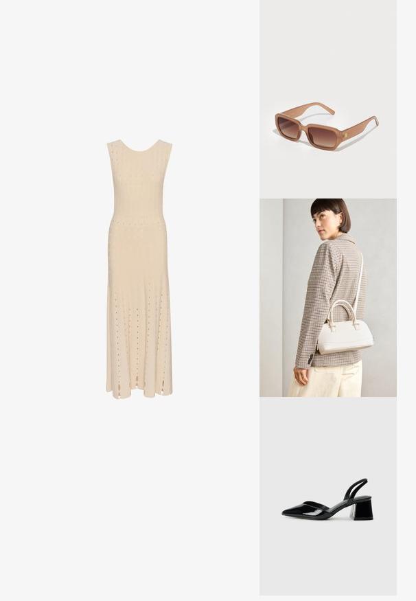 Ärmelloses, knielanges Kleid aus leichtem beigefarbenem Strickstoff. Verfügt über strukturierte vertikale Streifen und kleine Ausschnittmuster im gesamten Design.; Schwarze Lackleder-Slingback-High Heels mit spitzem Schuh und einem geometrischen Blockabsatz. Verfügt über ein schlankes, minimalistisches Design und eine glatte Textur.; Braune rechteckige Sonnenbrille mit Verlaufslinsen, dicken Rahmen und einem Logodetail an der Seite. Glattes Kunststoffmaterial, minimales Design.; Weiße strukturierte Handtasche mit kurzen Griffen und einem Schultergurt, ausgestattet mit goldfarbenen Hardware-Elementen und strukturiertem Material, vor einem grauen Hintergrund präsentiert.