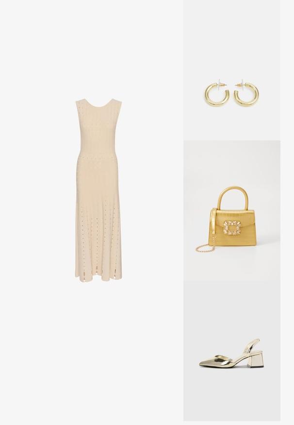 Rochie fără mâneci, de lungime până la genunchi, dintr-un material tricotat de culoare bej deschis. Prezintă dungi verticale texturate și mici modele decupate pe toată suprafața.; Pantofi cu toc slingback metalici aurii, cu vârf ascuțit și toc chunky. Textură netedă, design minimalist și o curea subțire.; Geantă galbenă din faux-crocodil cu un design structurat, mână superioară, curea detașabilă cu lanț și embellisment decorativ cu cristale pe închidere.; Cercei cercuri din aur cu un finisaj neted și strălucitor. Design circular cu un mic suport și un spate transparent pentru o purtare sigură.