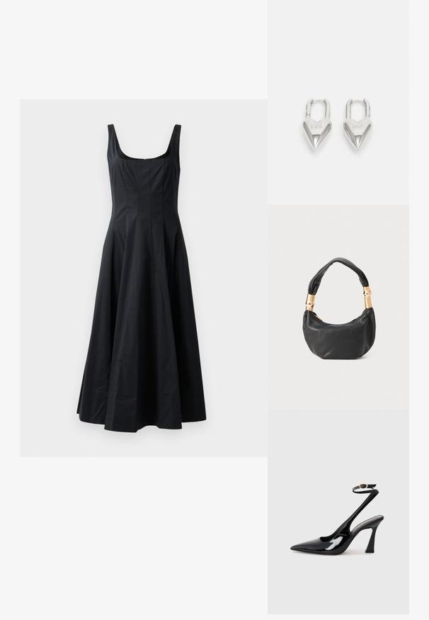 Vestido preto sem mangas com corpete ajustado, saia rodada e textura suave. Apresenta um decote quadrado e cai até a metade da panturrilha.; Sapatilhas de salto alto em verniz preto, com bico afiado, tiras ajustáveis no tornozelo e um salto quadrado moderado. Textura suave com acabamento brilhante.; Mala de mão em couro preto com forma redonda, textura suave e alça com nó, apresentando detalhes em metal dourado. Fecho em zíper.; Cadeados em forma de coração prateados com inscrições gravadas "SIM" e "NÃO", acabamento polido, design simétrico e um fecho de metal robusto.