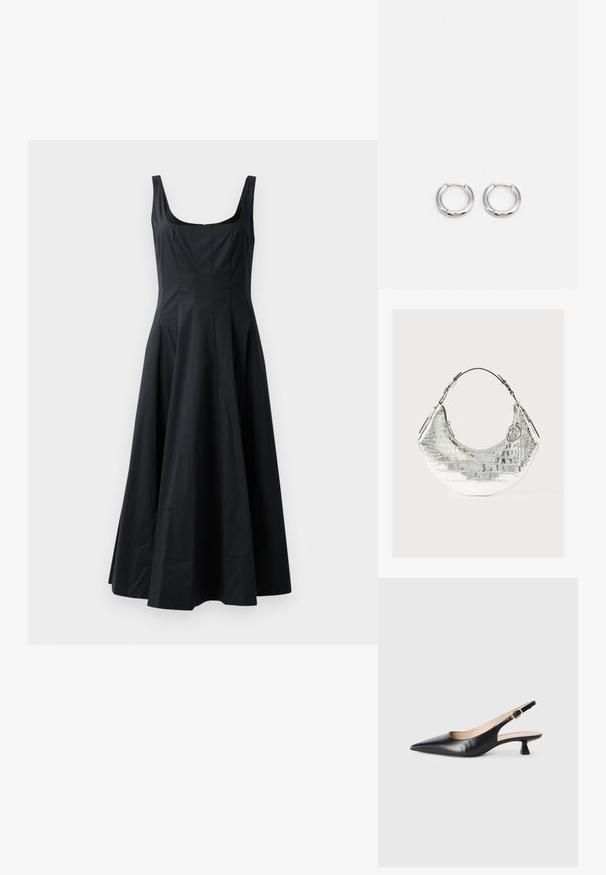 Črna brezrokavna obleka z oprijetim zgornjim delom, razširjenim krilom in gladko teksturo. Ima kvadratno izreznico in sega do sredine meč.; Črne usnjene slingback čevlje z mačjih petah in oštrim nosom ter zlatim sponko na stranskem traku, na beli podlagi.; Srebrna ročna torba z embosiranim krokodilskim vzorcem, ukrivljene oblike, s potrebnim ročajem iz rjavega usnja in kovinskimi detajli, ki vključuje okrasno čarobno.; Srebrne obročeve uhane s poliranim zaključkom, ki imajo krožno obliko in zasnova s tečajem, poudarjajo eleganten in minimalističen slog.