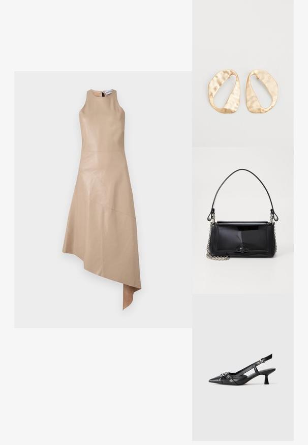 Béžové kožené šaty bez rukávov s asymetrickým lemom a viditeľnými švami. Hladká textúra s vysokým golierom a zipsom na chrbte.; Čierne kožené slingback topánky s špicatou špičkou, ozdobnými popruhmi s kovovými očkami a nízkym blokovým podpätkom. Textúrovaný povrch.; Čierna laková kožená kabelka s obdĺžnikovým tvarom, reťazovým popruhom a výrazným hardvérovým prvkom v strede. Hladká textúra.; Pár nepravidelných oválnych zlatistých kovových náušníc s textúrovaným, mierne rozbitým povrchom na bielom pozadí.