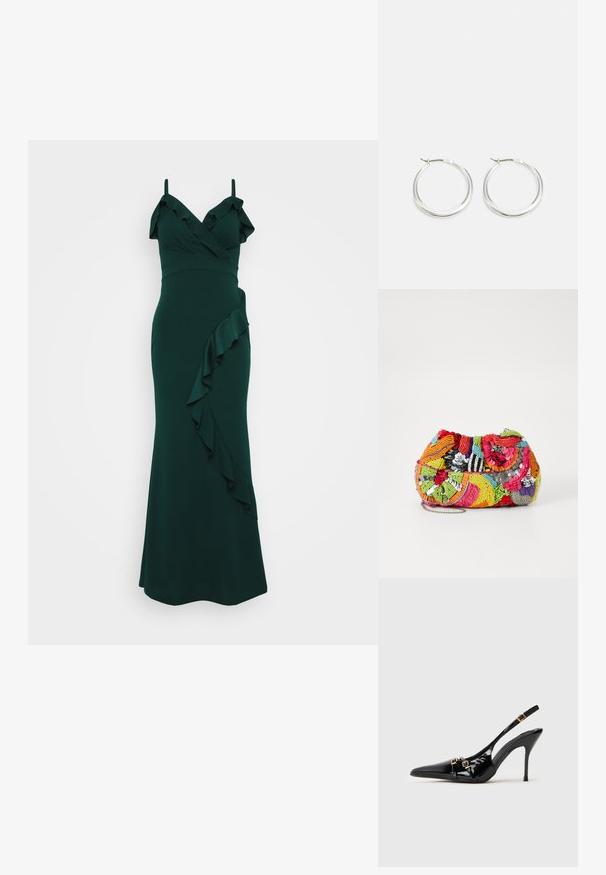 Smaragdzaļš kleita ar plecu siksnām, viļņota izgriezuma daļa un plūstoša frēze gar sānu. Izgatavota no gludas auduma, pieguļošs dizains.; Melni lakādas augstpapēžu pumpsi ar atvērtu papēdi, smailu purngalu, plānu papēdi un dekoratīvām zelta tonīša sprādzēm uz siksnām.; Daudzkrāsaina, teksturēta rokassoma izgatavota no pērlītēm un auduma ar sarežģītām zīmējumu. Iespējama aizdare un īsa ķēdes siksniņa.; Sudraba riņķa auskariem ir gluda, noapaļota forma ar plānu profilu un drošu aizdari. Minimālistisks stils ar izpolētu apdari.