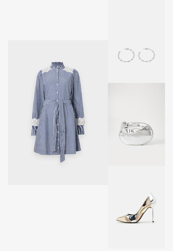 Dryžuota suknelė su ilgomis rankovėmis, mėlynos ir baltos spalvos audinys, nėrinių akcentai ant pečių, sagų priekyje, diržas liemeniui, išsiplėtęs sijonas.; Aštrus pirštas aukštakulnis batelis su sidabro, aukso ir nuogų spalvų deriniu. Blizgus paviršius su išpjovos dizainu, su stiletto kulnu.; Sidabrinė metalinė maišelio forma su švelnia, apvalia forma ir mazgu užveriamu viršumi. Pagaminta iš lygios dirbtinės odos medžiagos.; Sidabriniai auskarai žiedai su sukto dizaino, turintys poliruotą apdailą ir fiksavimo smeigtuką. Skersmuo maždaug 3 cm.