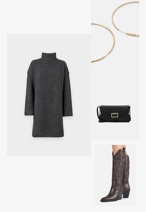 Tamsiai pilkas per didelis megztinis su aukštu kaklu, pagamintas iš minkštos mezginio medžiagos, turintis nuleistus pečius ir ilgas rankoves, su stambiu raštuotu apykakle.; Rudos odinės kaubojaus batai su smailiu priekiu ir blokuotu kulnu, pasižymintys detaliu siuvinėjimu ir iškiliais akcentais ant ašies.; Juodas odinis dėkliukas su atvarteliu ir auksinės metalinės sagties detalėmis. Įeina juodas diržas ir elegantiškas, minimalistinis dizainas.; Aukso spalvos žiedo auskarai, ploni ir apvalūs, su lygiu metaliniu paviršiumi be papuošimų ar raštų.