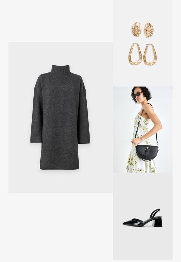 Sweater de gola alta oversized em cinza escuro, feito de um material de malha suave, com ombros caídos e mangas longas, apresentando uma gola canelada grossa.; Sandy em verniz preto com salto slingback, ponta afilada e salto geométrico. Apresenta um design elegante e minimalista com textura suave.; Bolsa de couro preta com forma curva, alça destacável e detalhes em dourado. A bolsa possui uma aba com detalhe de fivela.; Brincos em tom de ouro com formas onduladas e texturizadas. Inclui studs escultóricos com presilha e um design de argola aberta com um acabamento martelado.