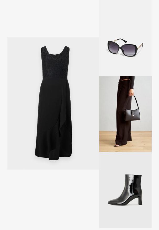 Vestido preto com corpete de renda justo e saia evasê. Apresenta um decote em V profundo e um detalhe assimétrico de envoltório na cintura. Textura suave.; Botim de tornozelo em pele sintética preta com bico apontado e salto bloco de altura média. Textura suave e design minimalista.; Óculos de sol oversized pretos com lentes degradê, armações grossas e detalhes em corrente dourada nas hastes.; Bolsa preta com forma estruturada, textura suave e um fecho metálico. Combinada com calças largas pretas e sandálias de salto aberto sobre um chão de madeira.