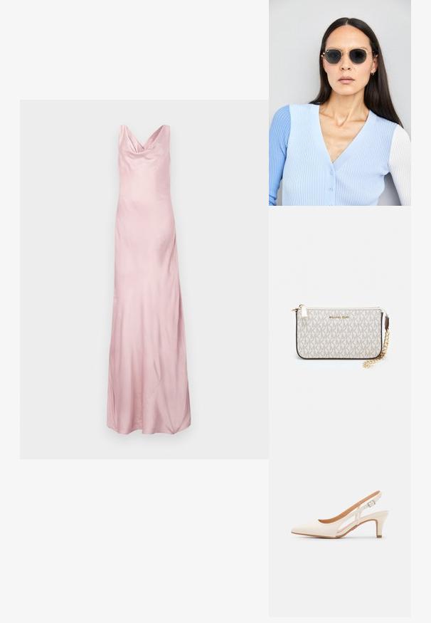 Satin rozā vakarkleita ar apkakles dekoltē, pieguļošu augšu un plašu svārku, ar gludu tekstūru un grīdas garuma dizainu.; Baltas siksniņveida papēdis ar smailu purngalu, gludu augšējo materiālu, zemu blokpapēdi un sānu izgriezumu dizainu ar regulējamu sprādzi.; Apaļas saulesbrilles ar tumšiem objektīviem un zeltītām rāmēm. Modelis valkā gaiši zilu, ribotu kardigānu ar pogām un kontrastējošām baltām piedurknēm.; Michaela Korsa rokassomi bez̦ā īšojuma, kas izgatavota no apklāta kanvas, iekļaujot atkārtotu MK logotipa rakstu, zelta aparatūru un noņemamu ķēdes siksnu.