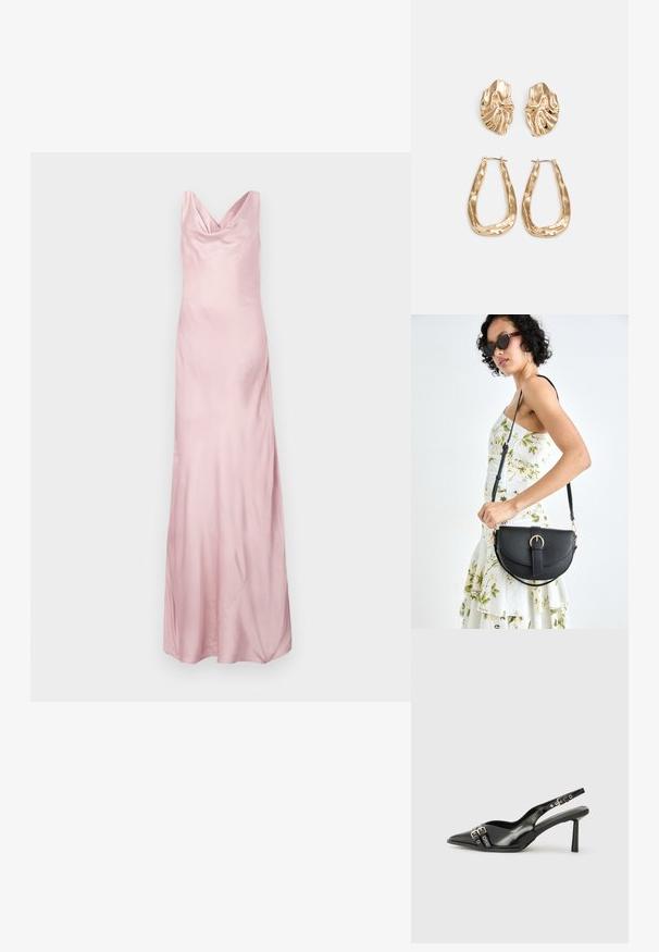 Vestido de noite em cetim rosa com decote drapeado, corpete ajustado e saia evasé, apresentando uma textura suave e um design até ao chão.; Sapato slingback preto em pele patentada com bico apontado, tiras no tornozelo apresentando fivelas e acessórios prateados, e um salto elegante.; Bolsa de couro preta com forma curva, alça destacável e detalhes em dourado. A bolsa possui uma aba com detalhe de fivela.; Brincos em tom de ouro com formas onduladas e texturizadas. Inclui studs escultóricos com presilha e um design de argola aberta com um acabamento martelado.