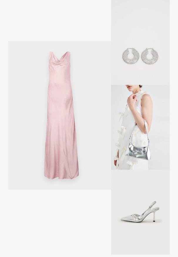 Szatén rózsaszín estélyi ruha kerek nyakkivágással, testhez simuló felsőrésszel és bővülő szoknyával, sima tapintással és földig érő kivitelben.; Ezüst slingback magas sarkú cipő hegyes orral, fémszerű felülettel, két dekoratív pánttal és vékony sarkú, fekete végű dizájnnal.; Ezüst fémes kézitáska, struktúrált formával, felső fogantyúval és masnis részlettel az elején. Simaságával és fényes felületével tűnik ki.; Ezüst karika fülbevalók, amelyeket több átlátszó kristály díszít, texturált felülettel és nyitott, kör alakú kialakítással.