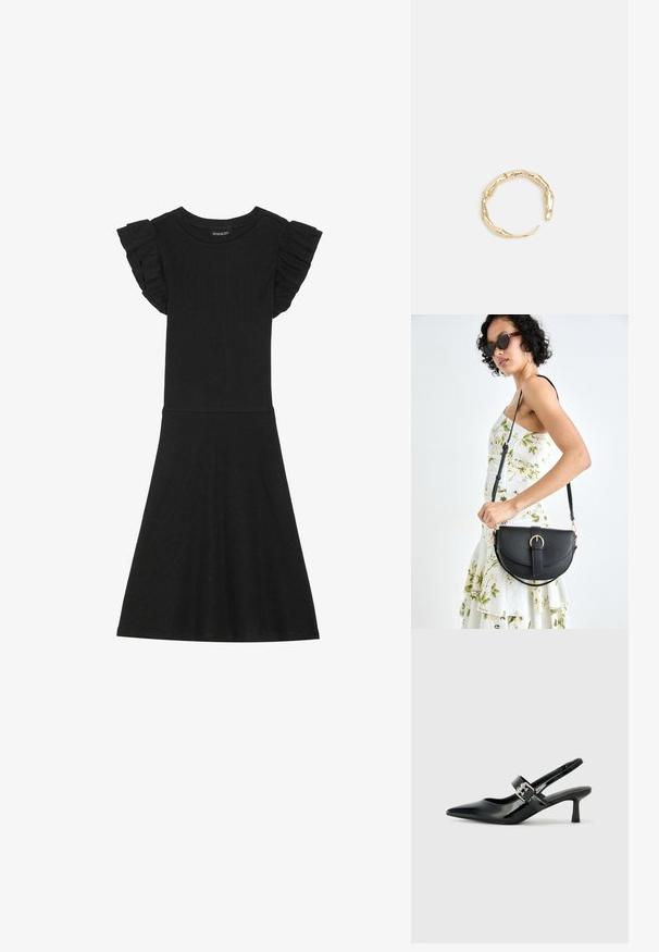 Schwarzes geripptes Kleid mit kurzen Rüschensäumen und einem taillierten Oberteil, das von der Taille bis zur Kniehöhe ausgestellt ist und einen runden Ausschnitt hat.; Schwarze Lackleder Slingback-Absätze mit spitzem Zeh und kleinem Blockabsatz, ausgestattet mit einem silbernen Schnallenakzent am Riemen.; Schwarze Lederhandtasche mit geschwungener Form, abnehmbarem Tragegurt und goldenen Beschlägen. Die Tasche verfügt über einen Deckel mit einer Schnallen-Details.; Goldfarbener Ring mit einem organischen, gedrehten Design, glatter Oberfläche und sich verjüngenden Enden, was ein modernes, skulpturales Erscheinungsbild erzeugt.