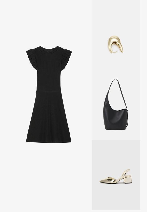 Musta ribbed-mekko lyhyillä röyhelösateilla ja tiukalla bodysuitilla, joka levenee vyötäröstä polven mittaiseksi, varustettuna pyöreällä kauluksella.; Kultaiset, metalliset slingback-kengät, joissa on teräväkärkiset ja paksut korot. Sileä pinta, minimalistinen muotoilu ja kapea hihna.; Musta nahkainen hobo-laukku, jossa on sileä pinta, kaareva muoto ja yksi säädettävä olkahihna; sisäänkäynti on leveä ylhäältä.; Kultahipuinen korvakoru, jossa on sulavalinjainen, kaareva muotoilu. Ominaisuuksiin kuuluu erottuva terävä muoto, kiillotettu pinta ja sarana kiinnitys.