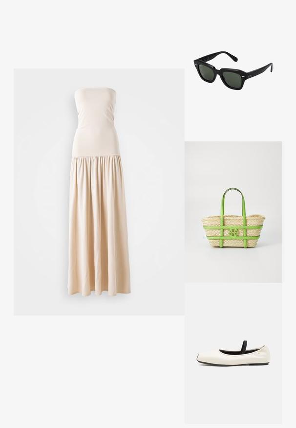 Beige pánt nélküli maxi ruha, testhez simuló felső résszel és laza, redőzött szoknyával, puha anyagból készült, amely sima textúrával rendelkezik.; Lap ballet cipő fehér bőrből, lekerekített orral, fekete elasztikus pánttal és kis arany emblémával a sarok közelében. Puha tapintás és minimalista dizájn.; Fekete négyzet alakú napszemüveg sötétzöld lencsékkel, feltűnő kerettel és ezüst díszítéssel az oldalán. Olasz gyártmány.; Szalmából készült táska zöld bőr kiegészítőkkel, fonott textúrával, dupla fogantyúkkal és egy kiemelkedő logóval az elején.