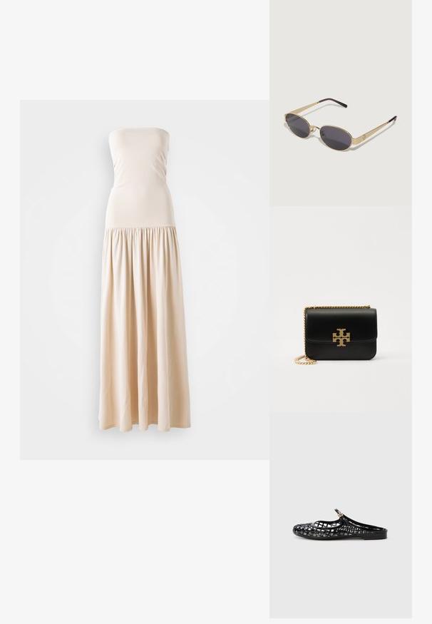 Beige strapless maksimekko, jossa on tiukka bodice ja virtaava kerroksellinen hame, valmistettu pehmeästä kankaasta, joka on tasaisen sileä koko matkalta.; Tory Burch MELLOW MARY JANE - Matalakantaiset pistokkaat - perfect black/gold; Kultaiset kehysaurinkolasit, joissa on soikeat tummat linssit. Kapeat varret, jotka muuttuvat purppuran värisiksi kärjiksi. Huomattava logotiedosto sivulla.; Mustat nahkalaukku kultasävyisellä ketjuolkaimella ja logotunnuksella. Ominaisuuksiin kuuluu suorakulmainen muoto ja taitettavalla läpällä. Tasainen pinta.