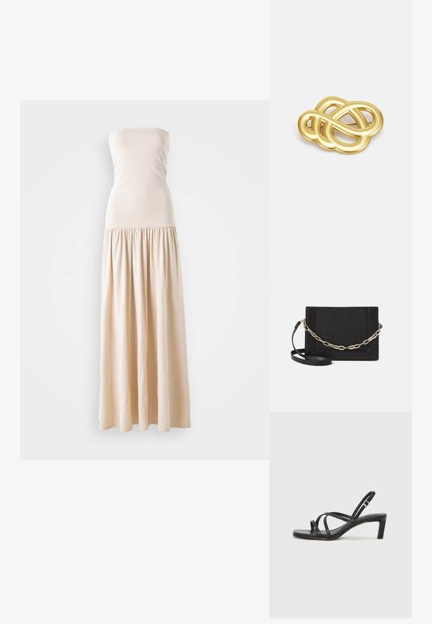 Bežs strapless maxi kleita ar pieguļošu augšdaļu un plūstošu sakrautu svārku, izgatavota no mīksta auduma, kurai visā garumā ir gluda tekstūra.; Melnas strappy sandales ar kvadrātveida purngaliem un zemu bloku papēdi. Ievērojamas ar vairākiem plāniem siksniņām un regulējamu potītes siksniņu. Izgatavotas no gludas ādas.; Melna ādas crossbody soma ar gludu faktūru, taisnstūrveida formu un metalizētu ķēdes detaļu priekšā. Iekļauta regulējama siksna.; Zelta toņa broša ar mezglota dizaina, gludām, izliekamām līnijām un sarežģītu formu, kas atspoguļo pulētu apdari.