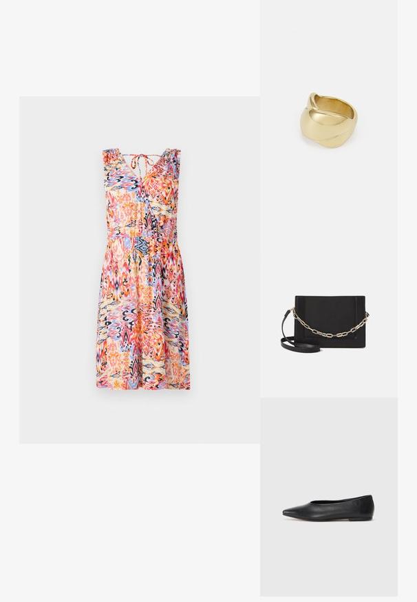 Vestido de verão com padrão floral, decote em V, sem mangas, ombros franzidos e cintura ajustada em tons vibrantes de vermelho, azul e laranja.; Bailarina de couro preto, bico fino, design minimalista, textura suave, salto baixo, sem hardware ou embelezamentos visíveis.; Bolsa crossbody de couro preto com uma textura suave, forma retangular e um detalhe em corrente metálica na frente. Inclui uma alça ajustável.; Anel dourado com um design liso e torcido. Apresenta uma superfície polida e bordas arredondadas, criando uma forma fluida e sem costura.