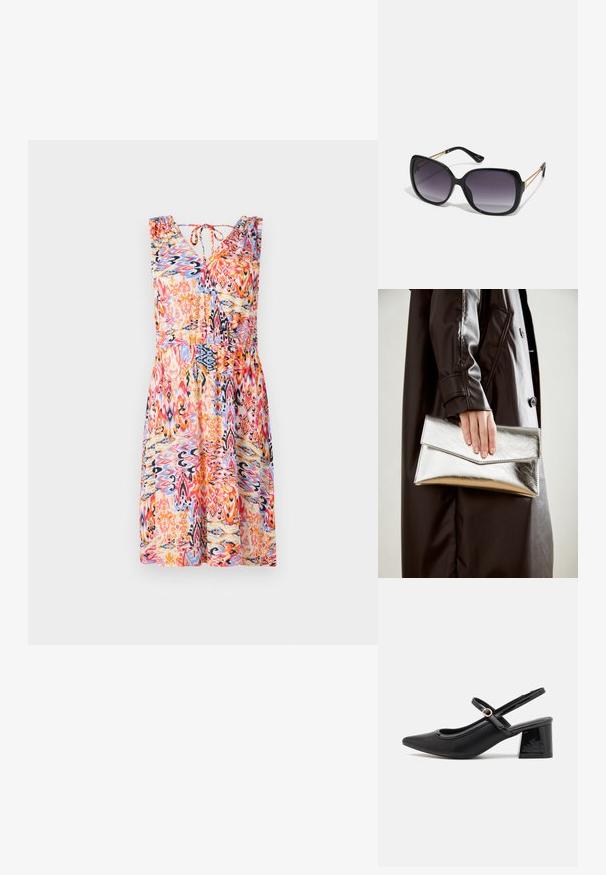 Robe d'été à motif floral avec décolleté en V, sans manches, épaules froncées et taille cintrée dans des teintes vibrantes de rouge, bleu et orange.; Escarpins slingback en cuir verni noir avec un embout pointu, un design à découpes arrondies et un talon carré. Présente un accent de boucle en ton doré.; Lunettes de soleil noires surdimensionnées avec des verres dégradés, monture épaisse et détails en chaîne dorée sur les branches.; Pochette métallique argentée avec un design d'enveloppe angulaire, texture lisse et couleur intérieure contrastante, tenue dans une main portant un manteau noir.