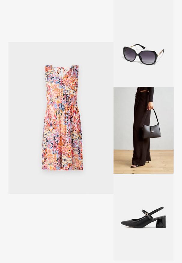Lillelille mustriga suvekleit V-kaelusega, ilma varrukateta, kogutud õlgade ja vöötud vööga elava punase, sinise ja oranži tooni kombinatsioonis.; Mustad läikivad nahast slingback-kõrged kontsad, millel on terav nina, ümar lõikekujundus ja blokknina. Omab kuldset nupu aktsenti.; Mustad ümarad päikeseglaasid, millel on gradient objektiivid, paksud raamid ja kuldse tooni kettaga kaunistused tempelitel.; Must musta kott, millel on struktureeritud kuju, sile tekstuur ja metallist klamber. Kombineeritud laiate mustade pükstega ja avatud varvaste sandaalidega puidust põrandal.