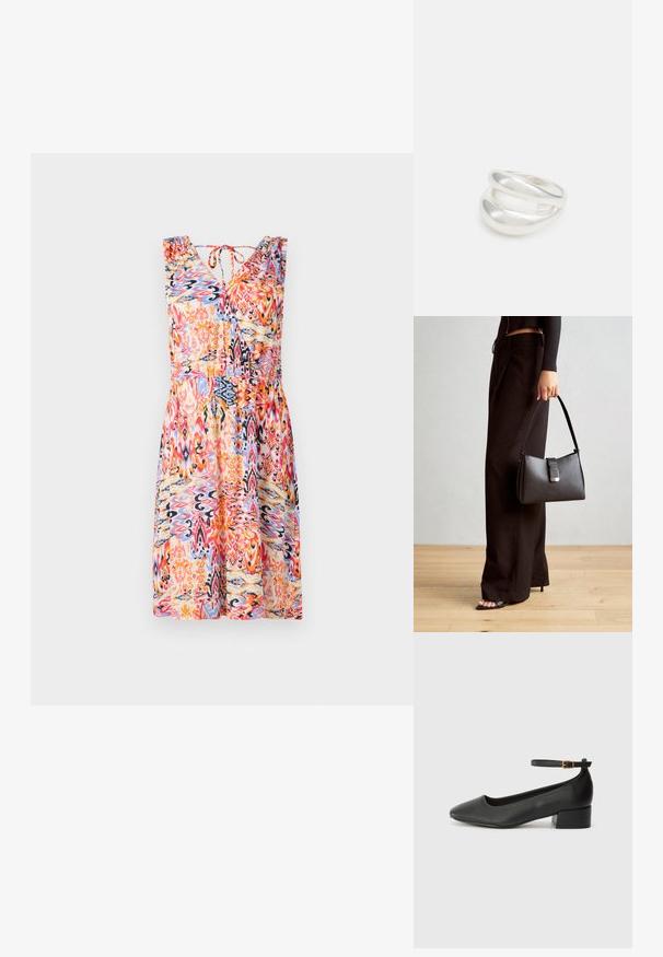 Floral-patterned summer dress with a V-neck, sleeveless design, gathered shoulders, and a cinched waist in vibrant red, blue, and orange hues.; Black leather pump with a pointed toe and a low block heel. Features an ankle strap with a gold-tone buckle. Smooth texture.; Black handbag with structured shape, smooth texture, and a metallic clasp. Paired with wide black pants and open-toe sandals on wooden floor.; Silver double-band ring with a smooth, polished surface. Features a fluid, curved design with overlapping sections for a modern look.