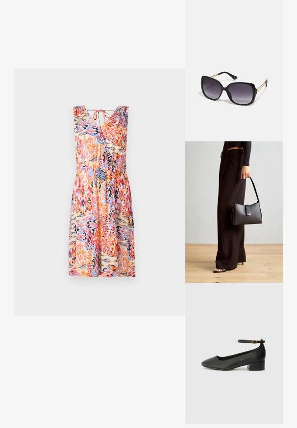 Poletna obleka s cvetličnim vzorcem, z V-izrezom, brez rokavov, z nabranimi rameni in poudarjeno pasom v živih rdečih, modrih in oranžnih odtenkih.; Črne usnjene pumpice z nazobčanimi prsti in nizko blokasto peto. Imajo trak okoli gležnja z zaponko v zlatem tonu. Gladka tekstura.; Črne prevelike sončne očala z degradacijskimi lečami, debelimi okvirji in zlatimi verižicami na ročajih.; Črna torbica z strukturirano obliko, gladko teksturo in kovinskim zaponko. Ujemajo se z širokimi črnimi hlačami in odprtimi sandali na lesenem tleh.