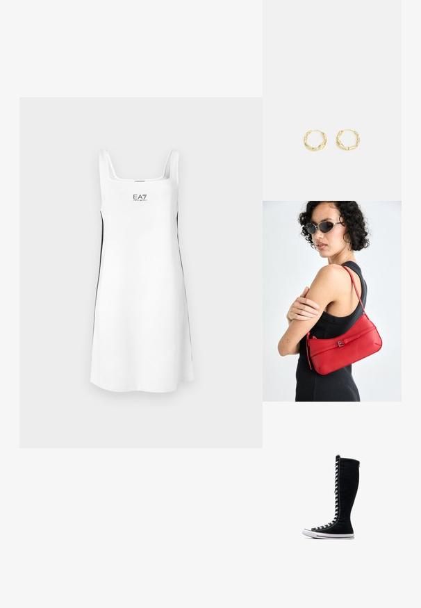 Weißes ärmelloses Kleid mit quadratischem Ausschnitt, versehen mit schwarzen Seitenakzenten und einem Logo "EA7" auf der Vorderseite. Hergestellt aus weichem, glattem Stoff.; Schwarze High-Top-Sneaker mit hohem Design, aus Canvas. Sie verfügen über weiße Schnürsenkel, Nähte und eine Gummisohle mit einer Zehenkappe.; Rote Ledertasche mit glatter Textur, geschwungenem Design und dekorativem Schnallenakzent. Verstellbarer Schulterriemen und Reißverschlussverschluss.; Goldene Creolen mit einer strukturierten, unregelmäßigen Oberfläche. Sie verfügen über ein leichtes Design und eine runde Form, die sich für den täglichen Gebrauch eignet.